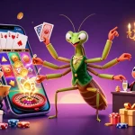 Experience Sunwin's vibrant online casino scene with a giant praying mantis and ladybug pit boss overflowing with games and excitement.
