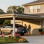 Schönes Carport schützt das Familienauto in einem einladenden Garten.