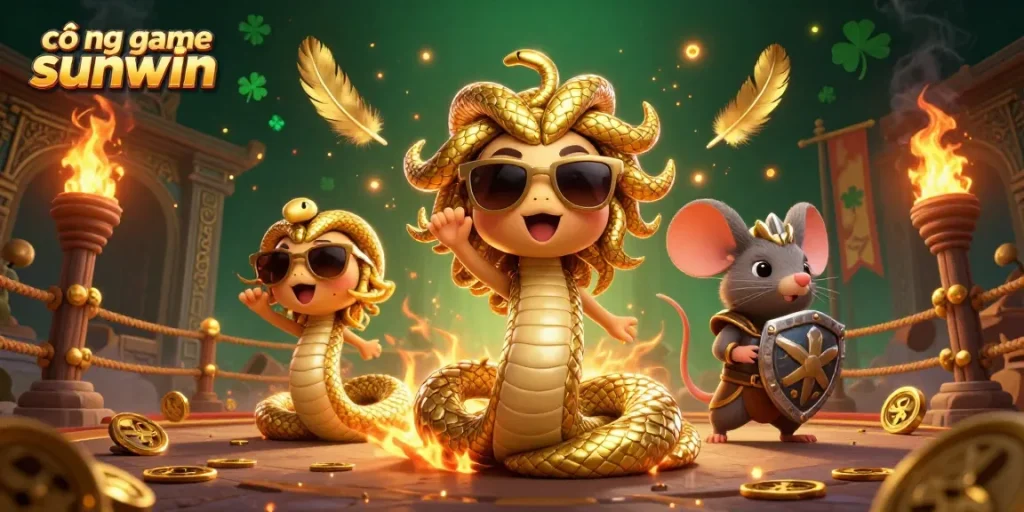 Win big at cổng game sunwin with playful Medusa and a warrior mouse in a vibrant casino arena.