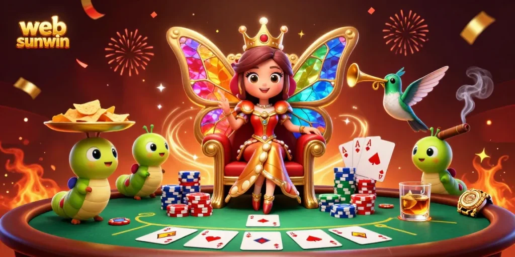 Engage with the thrilling scene of web sunwin, featuring the butterfly queen and poker elements.